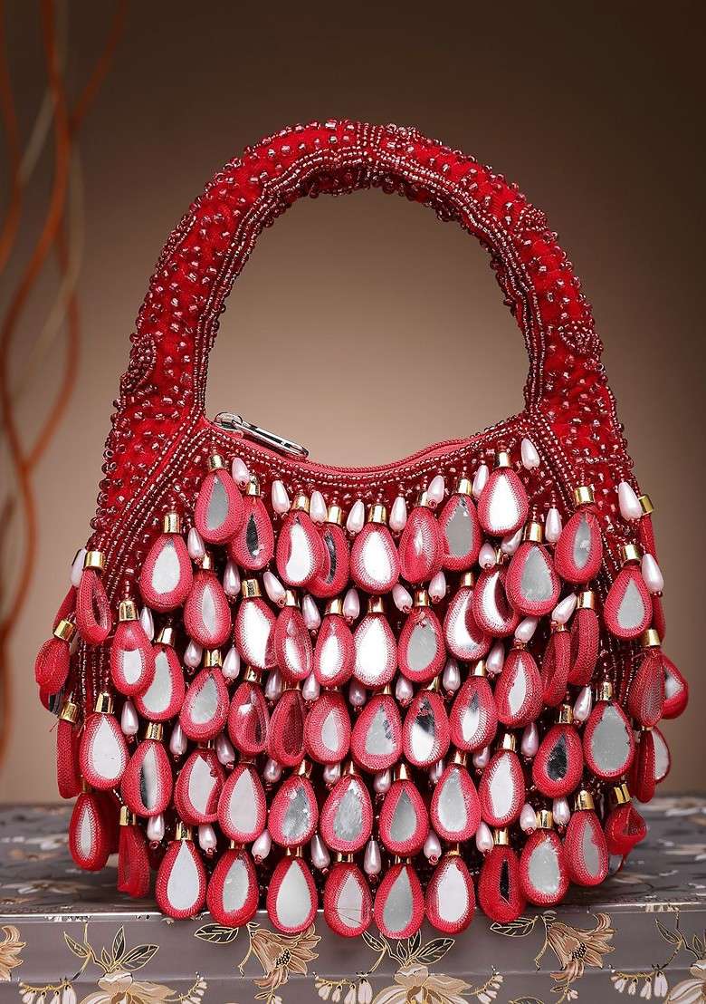 Tipify Maroon; Gold And Pearl Mirror Work Embellished Velvet Purse - Indya