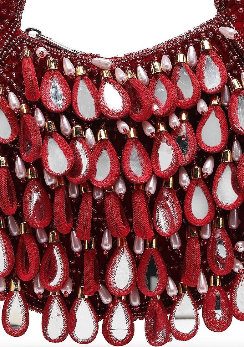 Tipify Maroon; Gold And Pearl Mirror Work Embellished Velvet Purse