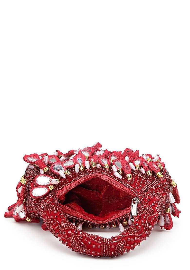 Tipify Maroon; Gold And Pearl Mirror Work Embellished Velvet Purse - Indya