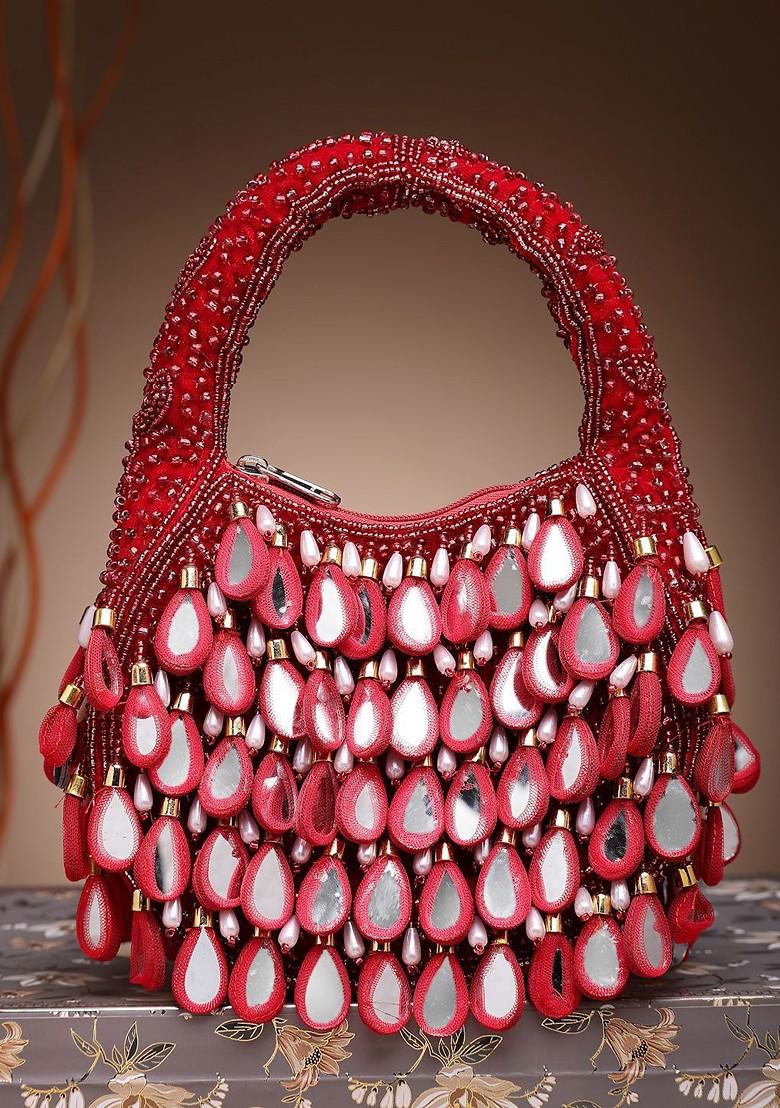 Tipify Maroon; Gold And Pearl Mirror Work Embellished Velvet Purse