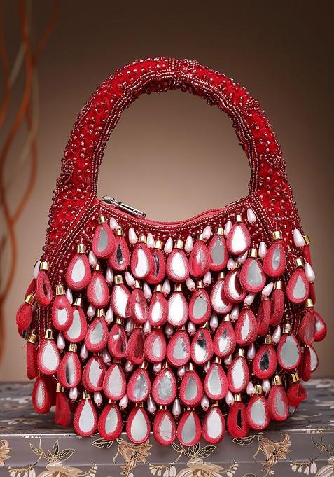 Tipify Maroon; Gold And Pearl Mirror Work Embellished Velvet Purse