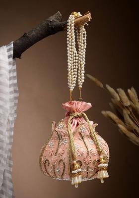 Lotus Pastel Peach And Gold Floral Embellished Velvet Potli