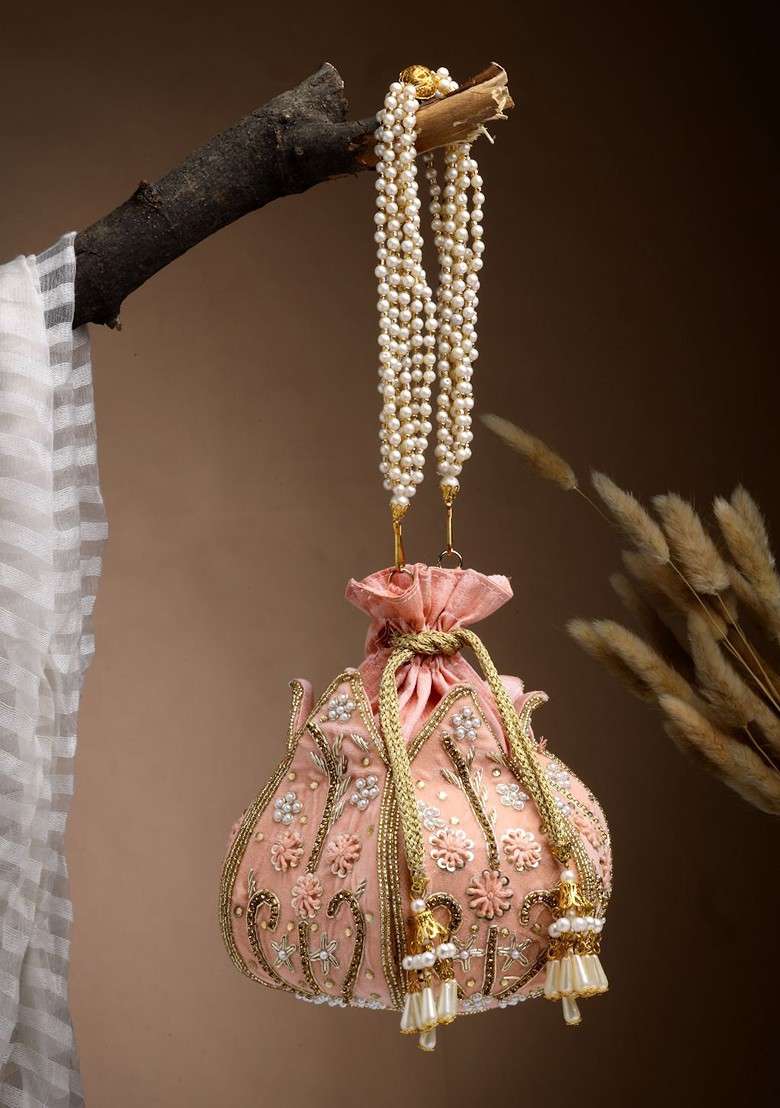 Lotus Pastel Peach And Gold Floral Embellished Velvet Potli - Indya
