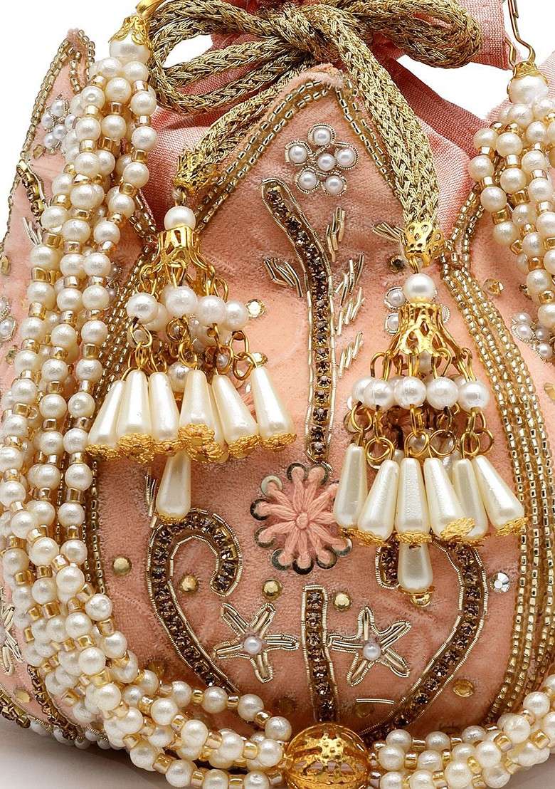 Lotus Pastel Peach And Gold Floral Embellished Velvet Potli - Indya
