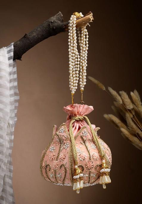 Lotus Pastel Peach And Gold Floral Embellished Velvet Potli