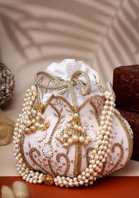 Lotus White And Gold Floral Embellished Velvet Potli