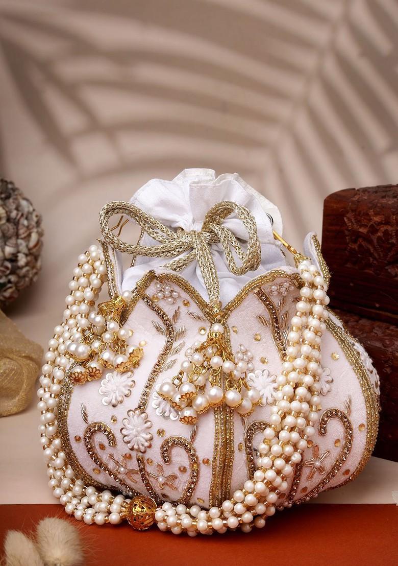Lotus White And Gold Floral Embellished Velvet Potli