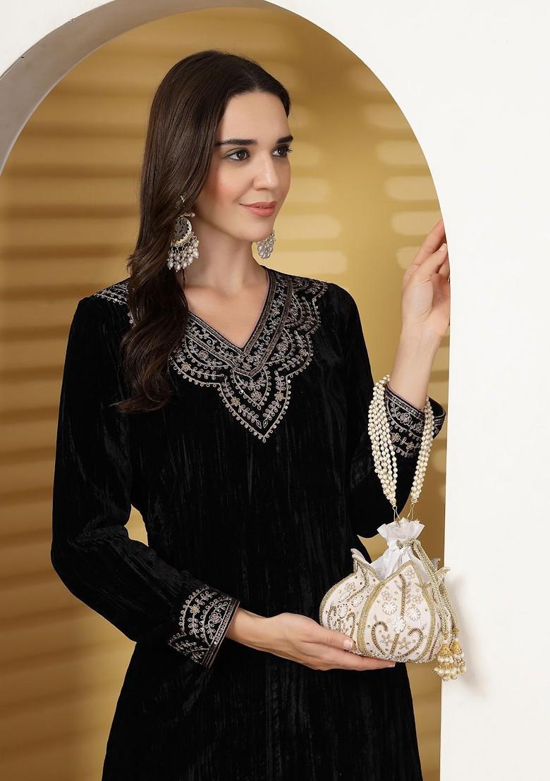 Lotus White And Gold Floral Embellished Velvet Potli