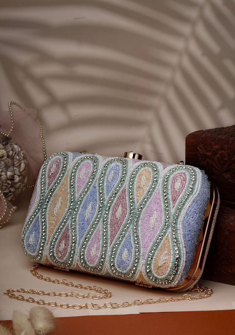 White And Pastel Multi Ogee Embellished Fabric Clutch