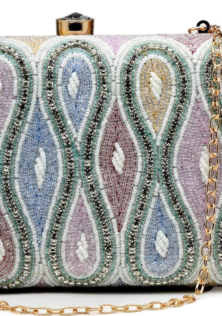 White And Pastel Multi Ogee Embellished Fabric Clutch