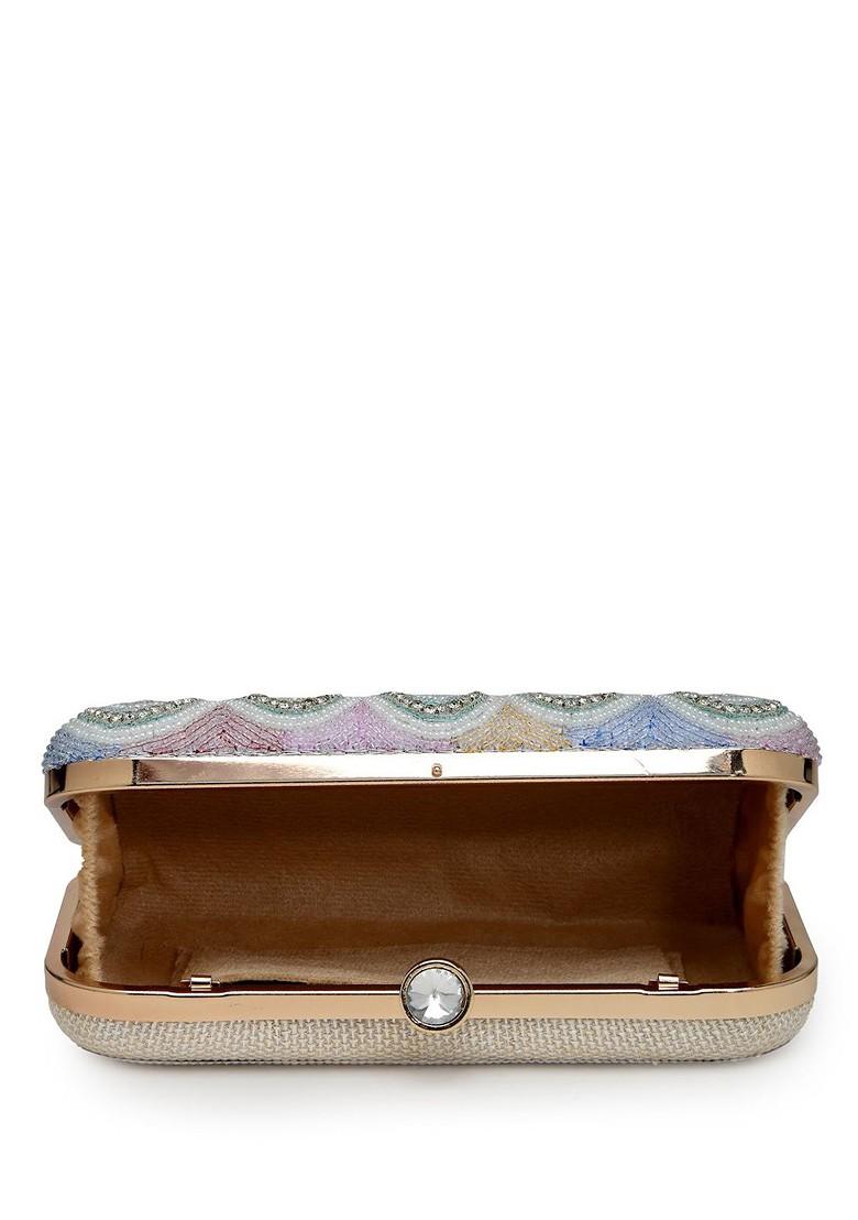 White And Pastel Multi Ogee Embellished Fabric Clutch