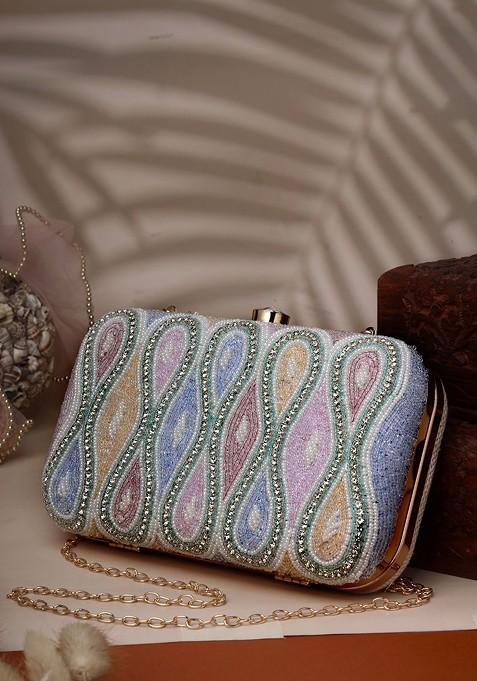 White And Pastel Multi Ogee Embellished Fabric Clutch