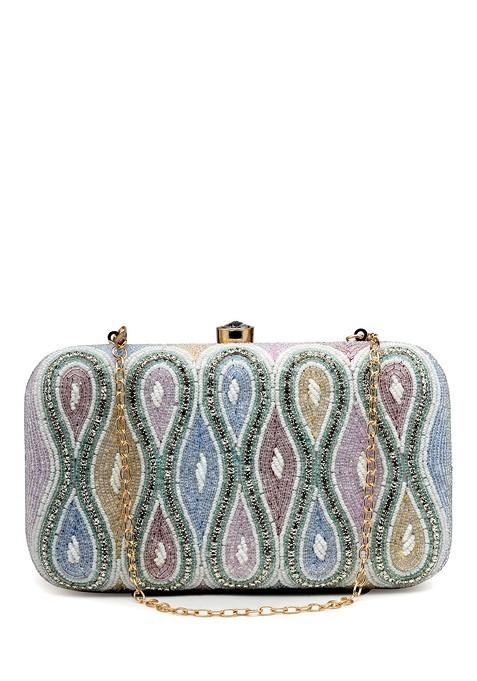 White And Pastel Multi Ogee Embellished Fabric Clutch