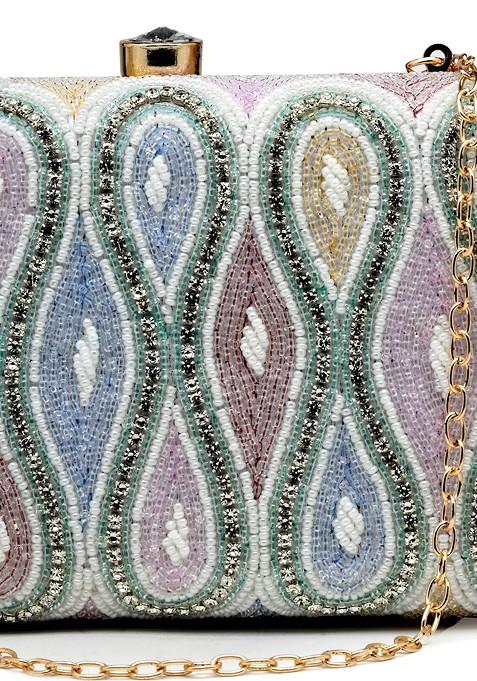 White And Pastel Multi Ogee Embellished Fabric Clutch