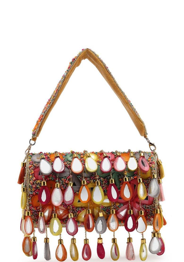 Tipify Camel And Multi Mirror Work Embellished Velvet Clutch