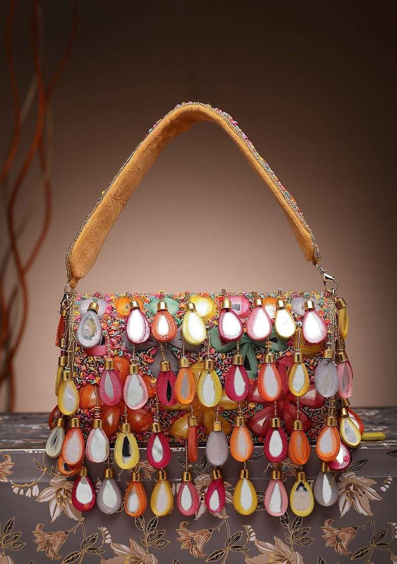 Tipify Camel And Multi Mirror Work Embellished Velvet Clutch - Indya