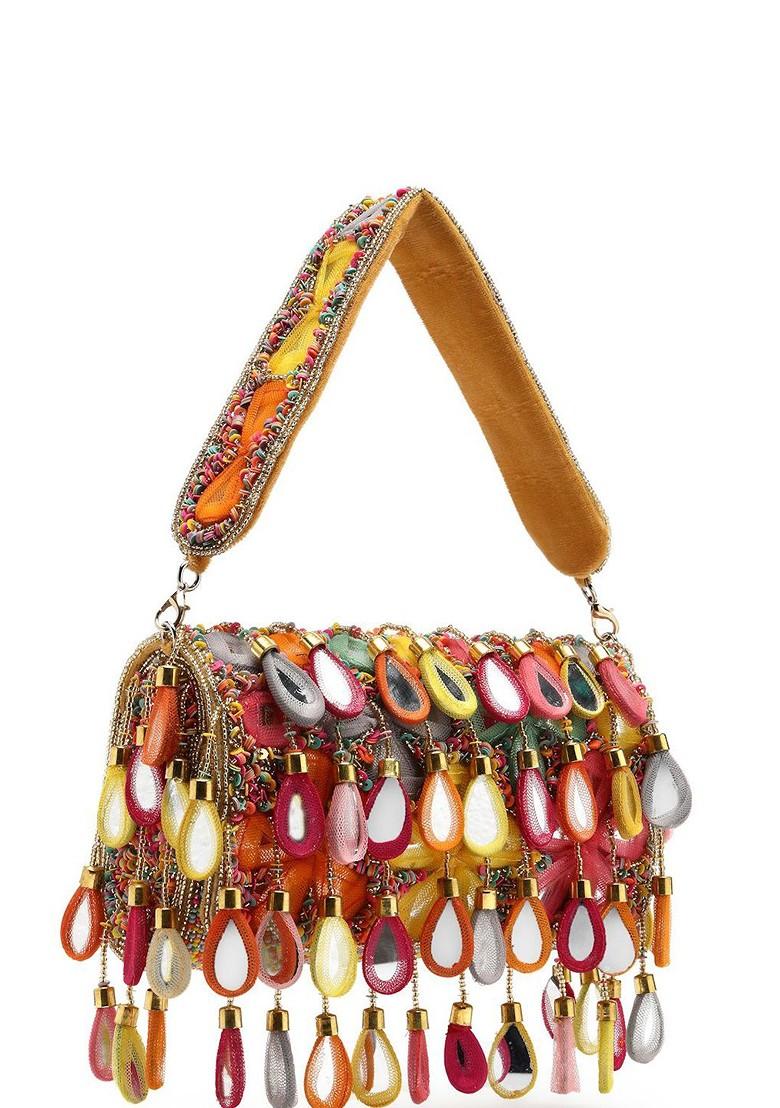 Tipify Camel And Multi Mirror Work Embellished Velvet Clutch