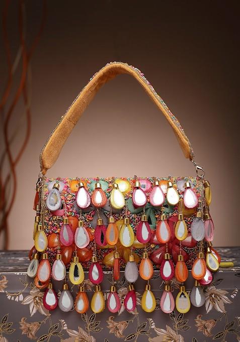 Tipify Camel And Multi Mirror Work Embellished Velvet Clutch