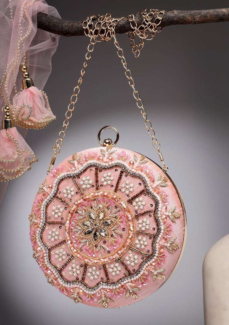 Dusty Coral And Multi Floral Embellished Faux Silk Clutch - Indya
