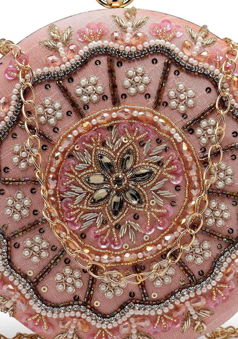 Dusty Coral And Multi Floral Embellished Faux Silk Clutch - Indya