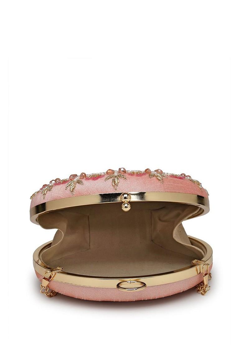 Dusty Coral And Multi Floral Embellished Faux Silk Clutch