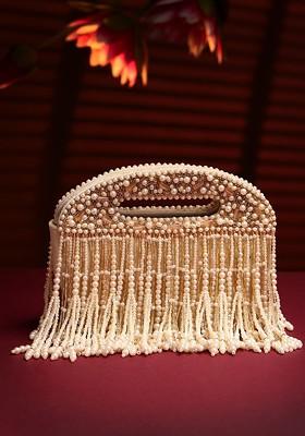 Droop Off White And Champagne Gold Abstract Embellished Velvet Clutch