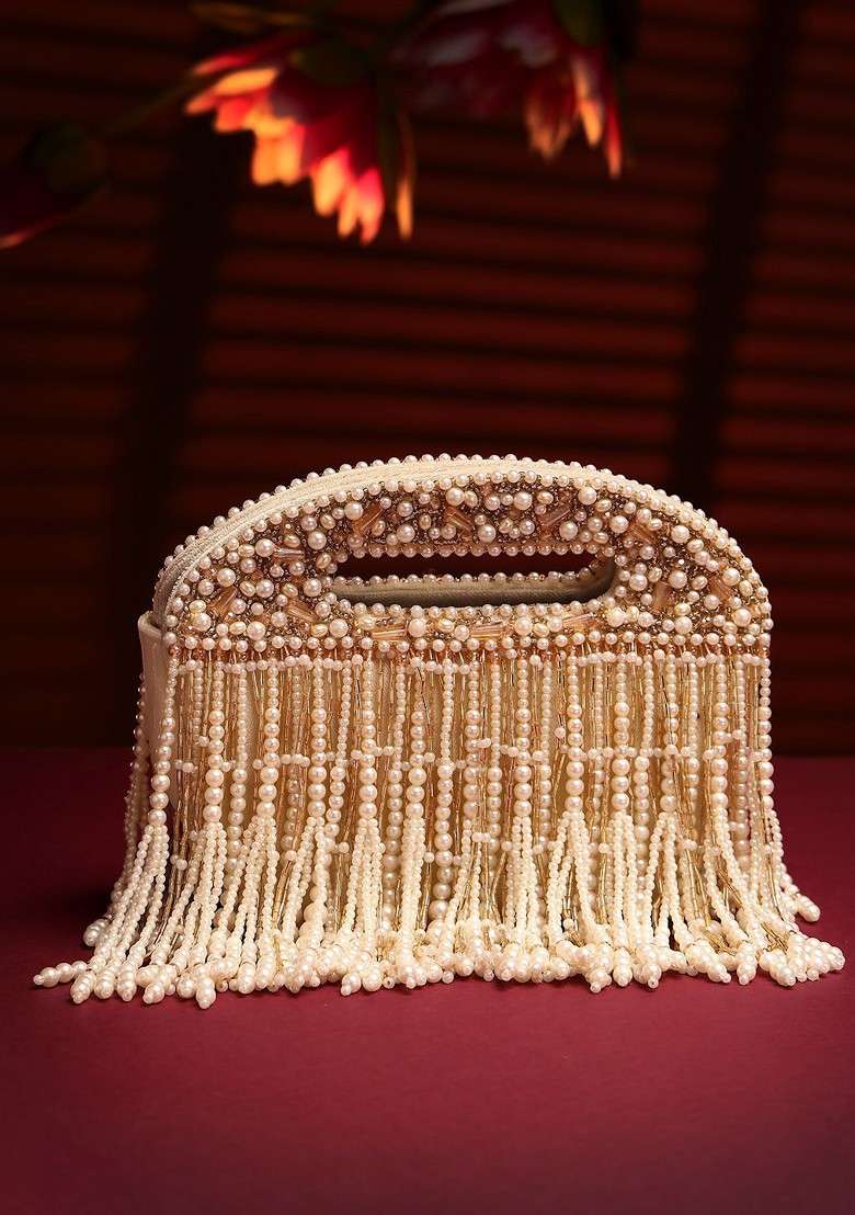 Droop Off White And Champagne Gold Abstract Embellished Velvet Clutch - Indya