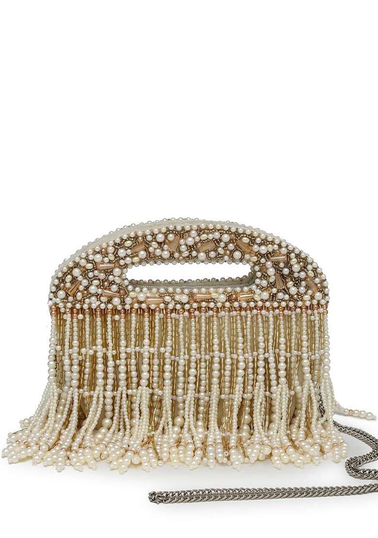 Droop Off White And Champagne Gold Abstract Embellished Velvet Clutch - Indya