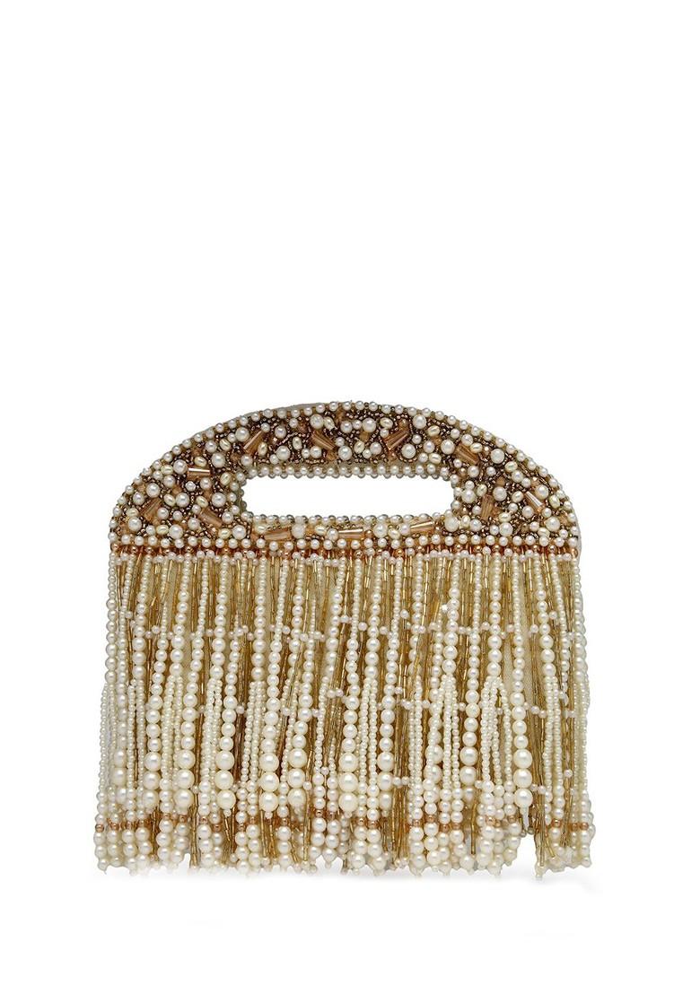 Droop Off White And Champagne Gold Abstract Embellished Velvet Clutch