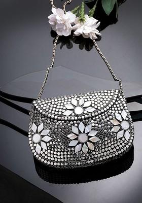Mosaic Silver And Pearl Mosaic Embellished Metal Clutch