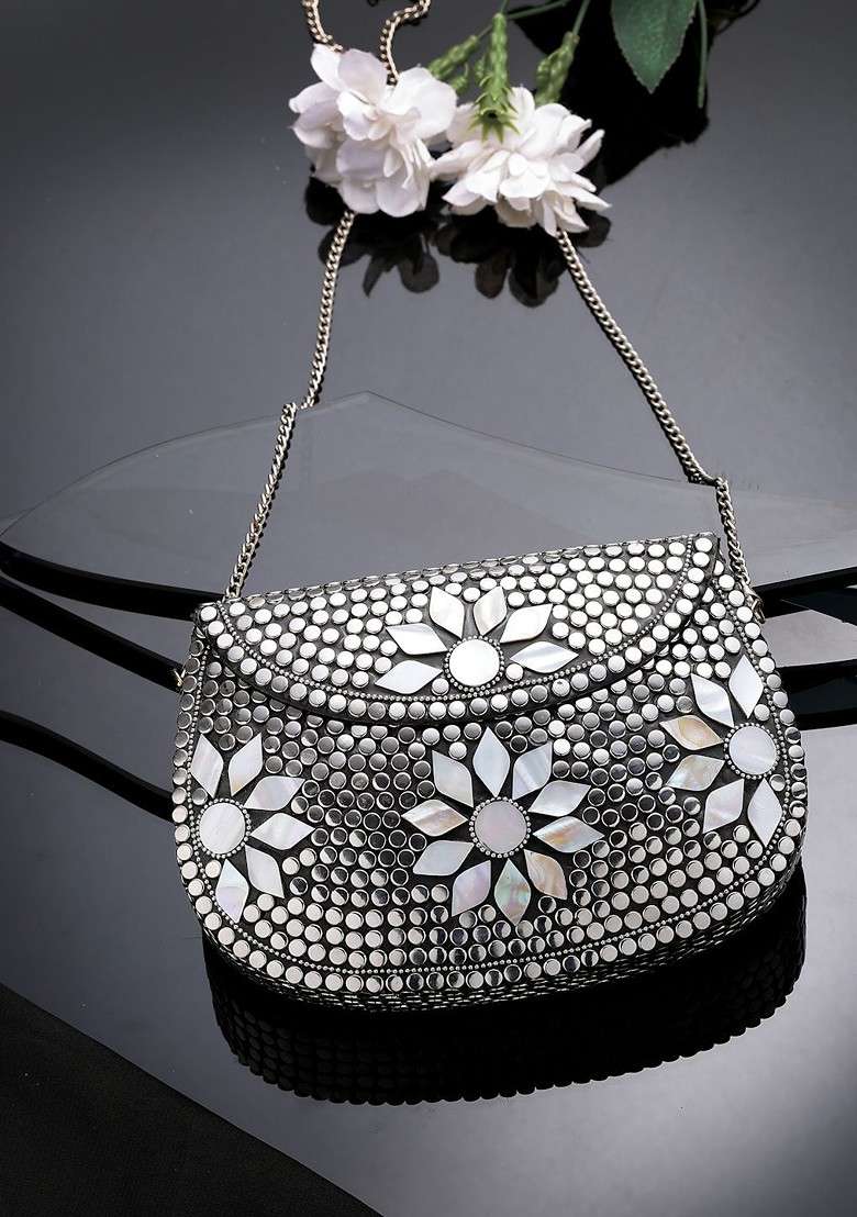 Mosaic Silver And Pearl Mosaic Embellished Metal Clutch - Indya
