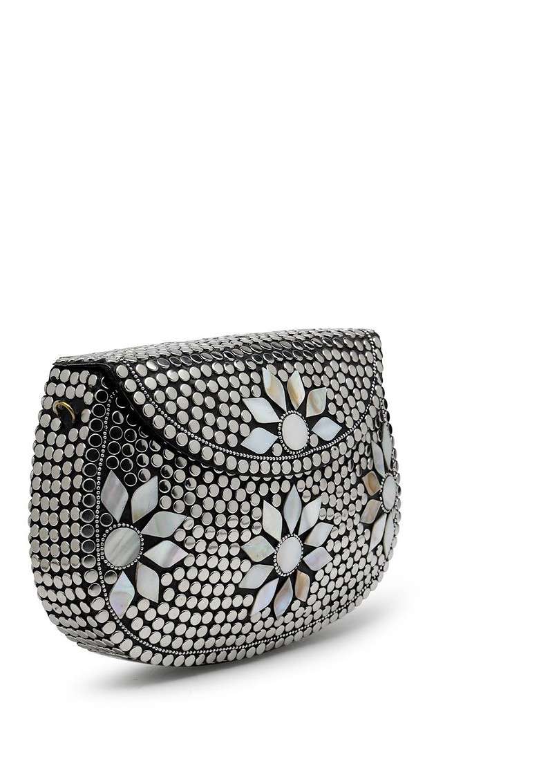 Mosaic Silver And Pearl Mosaic Embellished Metal Clutch - Indya