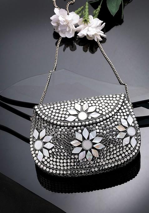 Mosaic Silver And Pearl Mosaic Embellished Metal Clutch