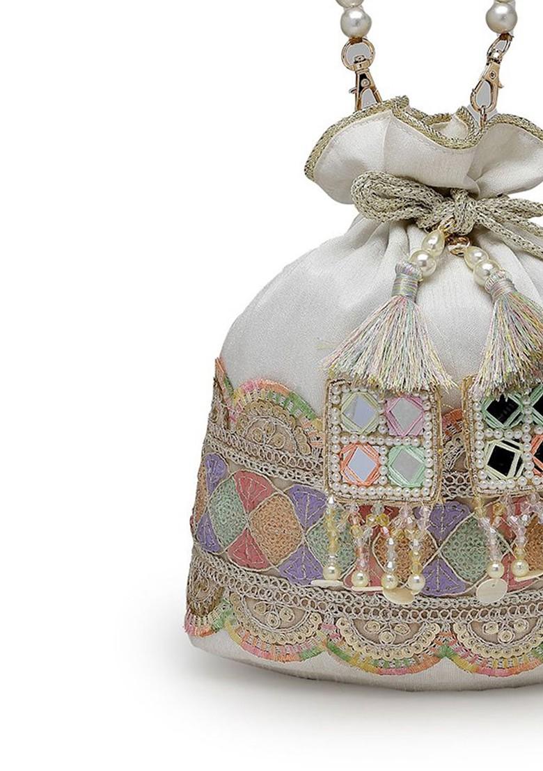 Dangle White And Multi Lace Embellished Faux Silk Potli