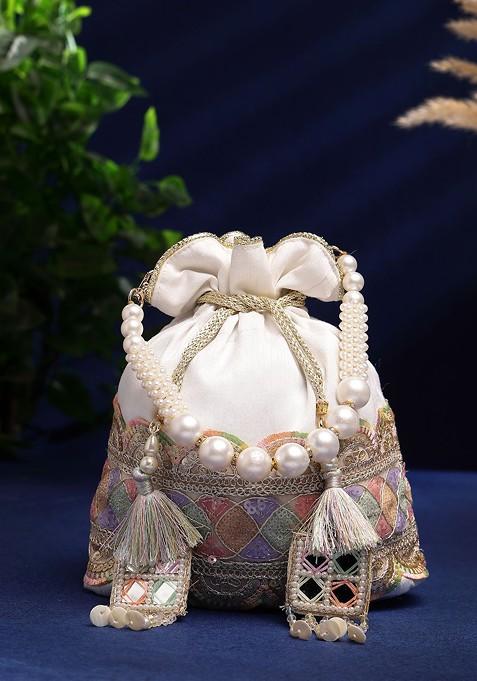 Dangle White And Multi Lace Embellished Faux Silk Potli