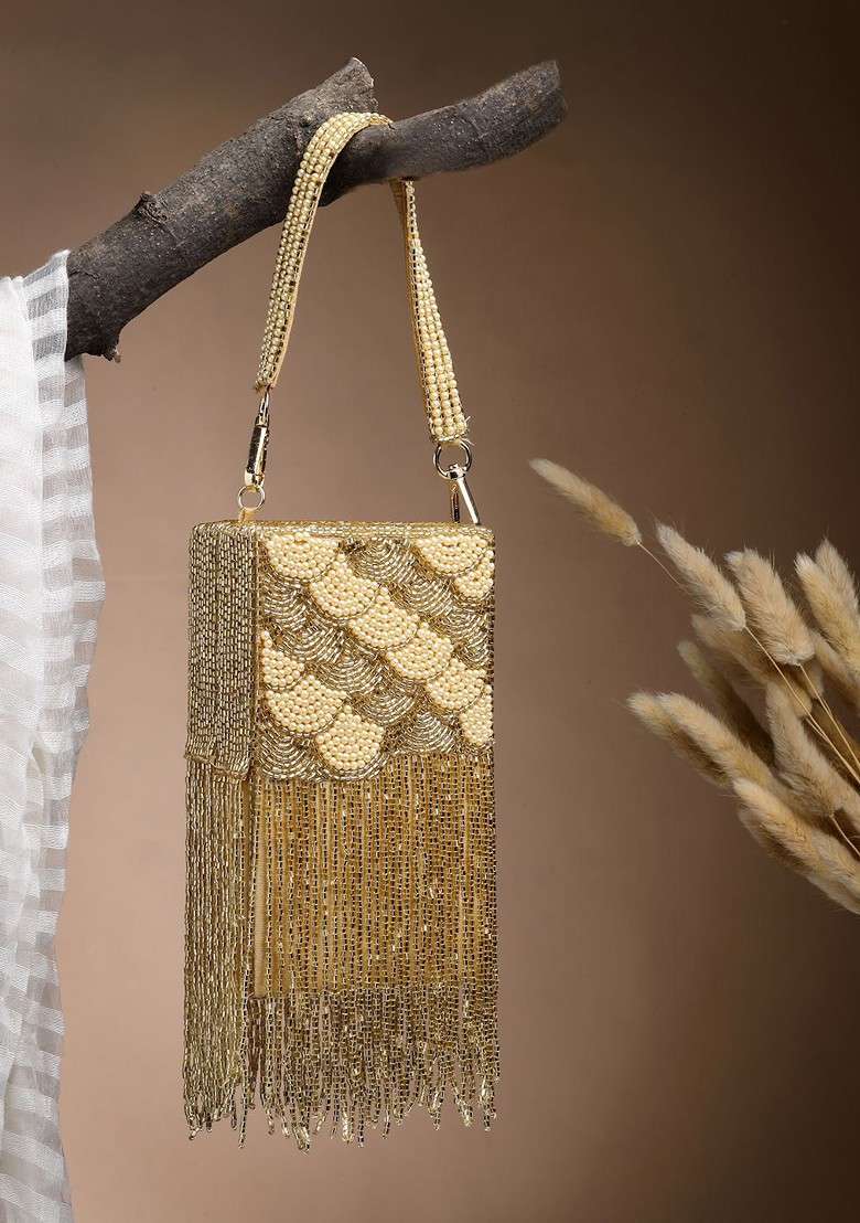 Droop Gold Scale Embellished Faux Silk Clutch - Indya