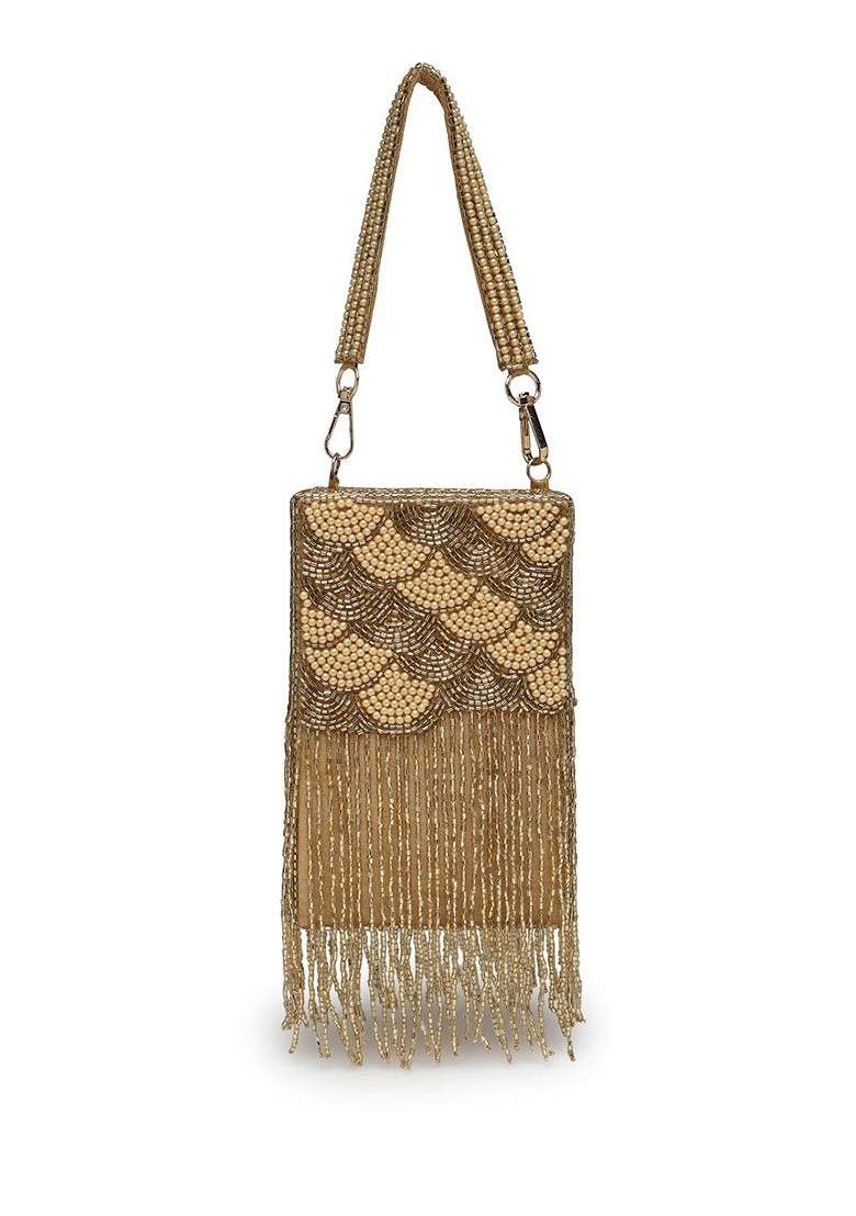 Droop Gold Scale Embellished Faux Silk Clutch - Indya