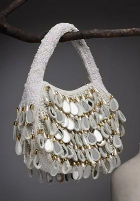 Tipify White; Gold And Pearl Mirror Work Embellished Velvet Purse
