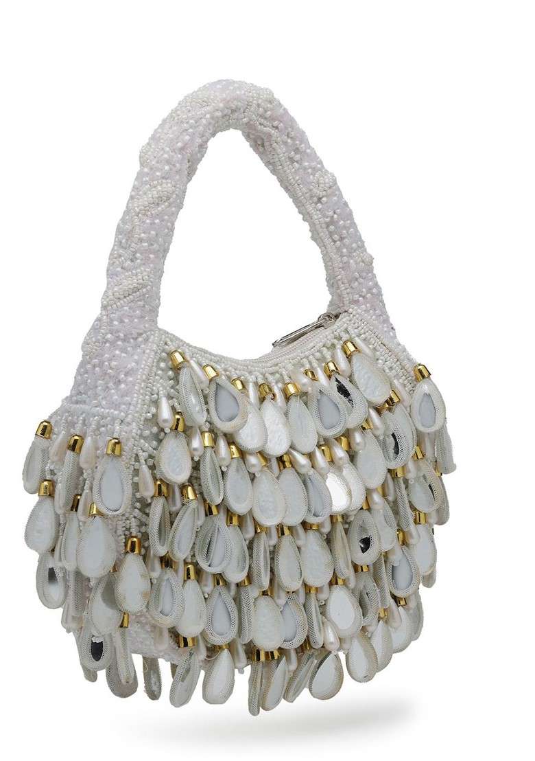 Tipify White; Gold And Pearl Mirror Work Embellished Velvet Purse - Indya