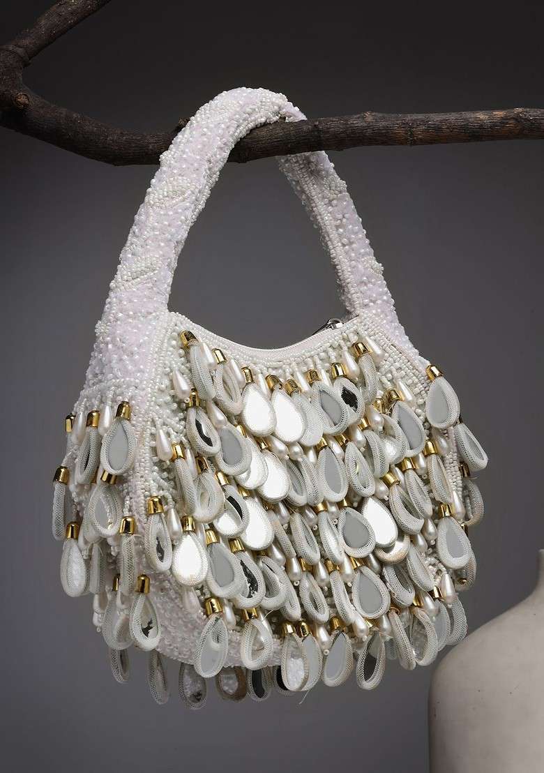 Tipify White; Gold And Pearl Mirror Work Embellished Velvet Purse - Indya