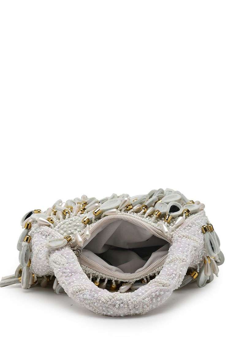 Tipify White; Gold And Pearl Mirror Work Embellished Velvet Purse - Indya