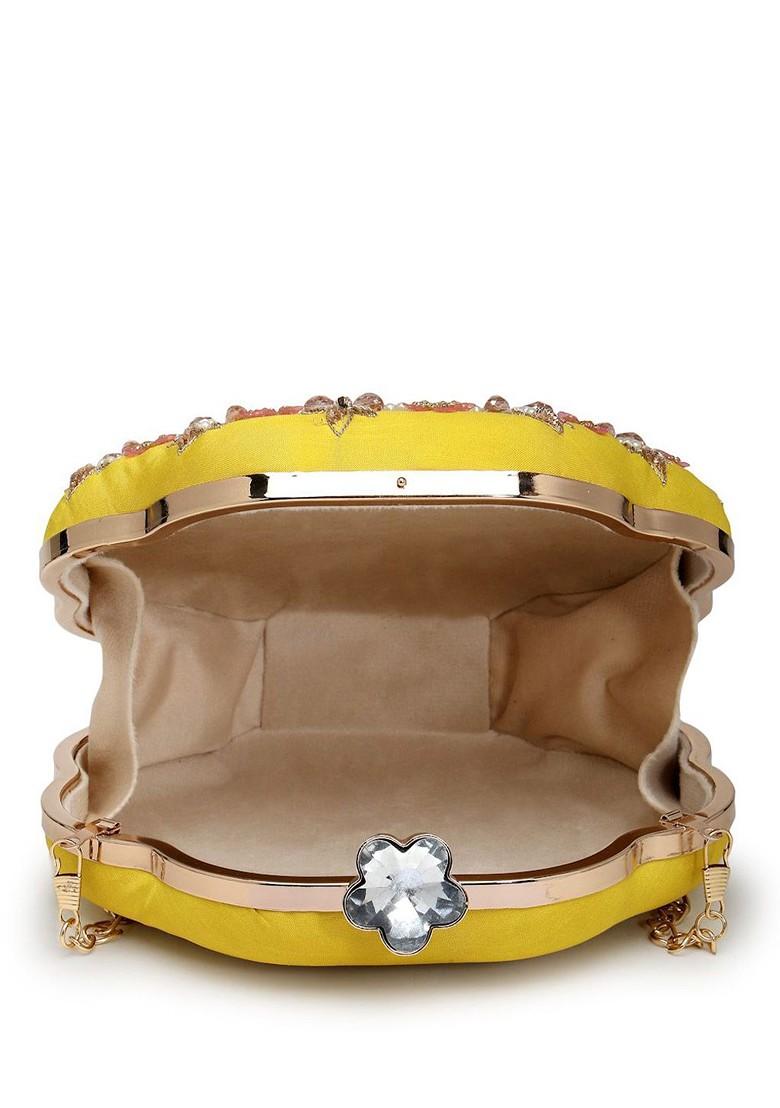Lemon Yellow; Pearl And Pink Floral Embellished Faux Silk Clutch