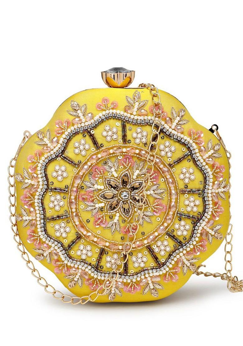 Lemon Yellow; Pearl And Pink Floral Embellished Faux Silk Clutch