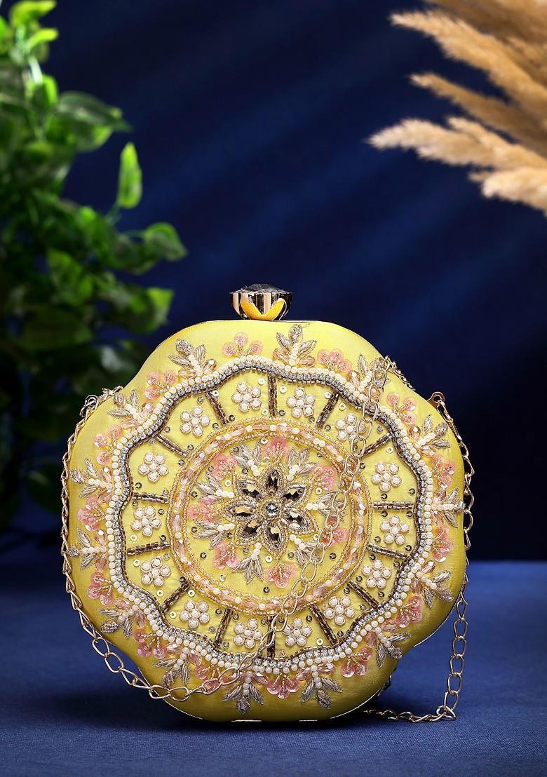 Lemon Yellow; Pearl And Pink Floral Embellished Faux Silk Clutch