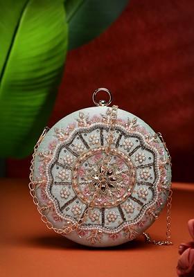 Sage And Multi Floral Embellished Faux Silk Clutch