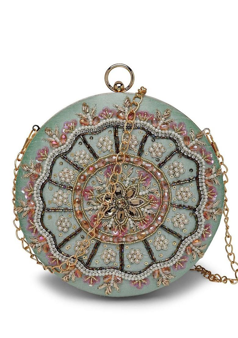 Sage And Multi Floral Embellished Faux Silk Clutch