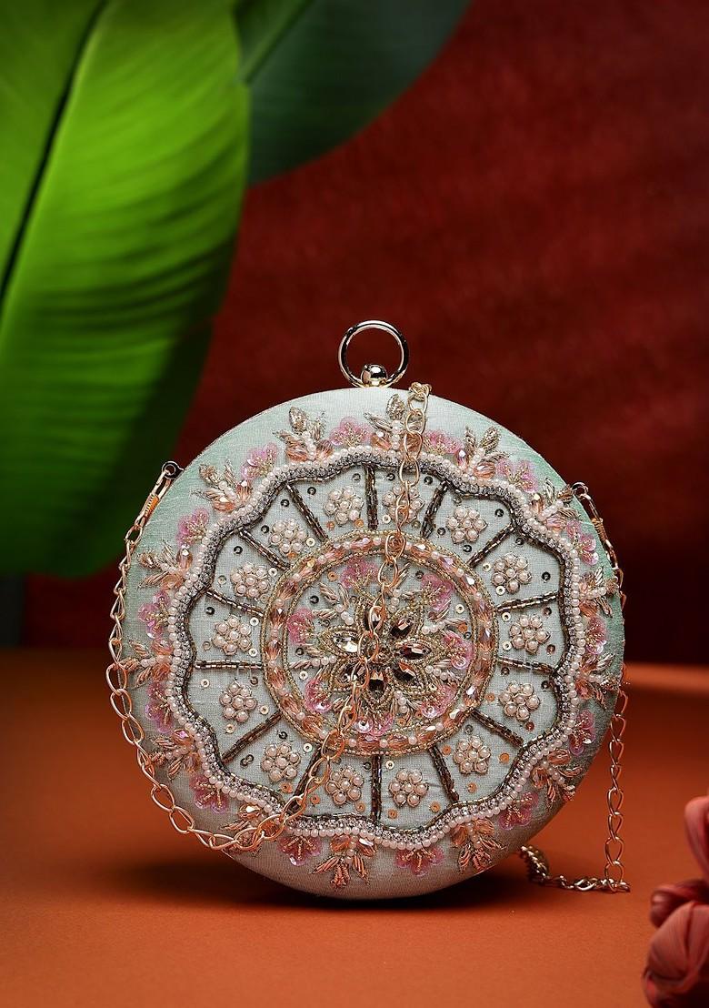 Sage And Multi Floral Embellished Faux Silk Clutch