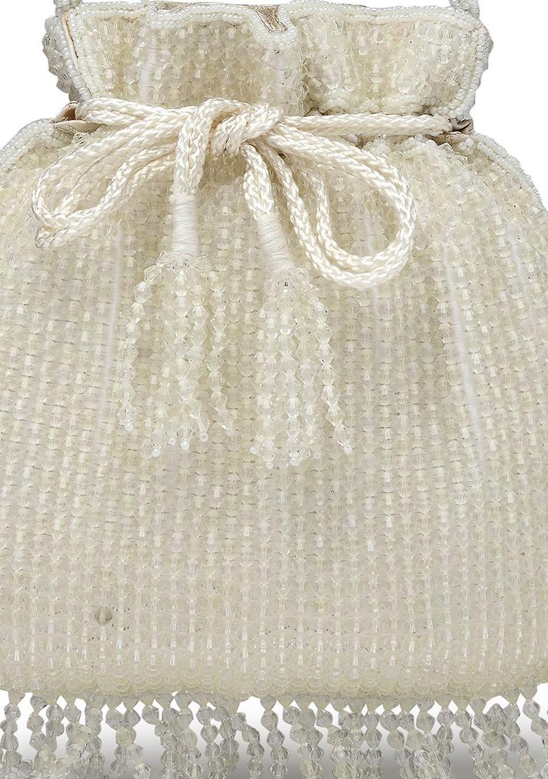 Dangle White And Silver Striped Embellished Faux Silk Potli