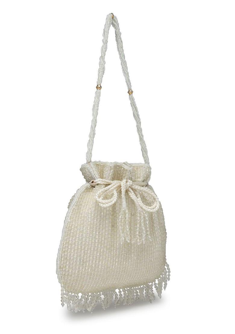 Dangle White And Silver Striped Embellished Faux Silk Potli