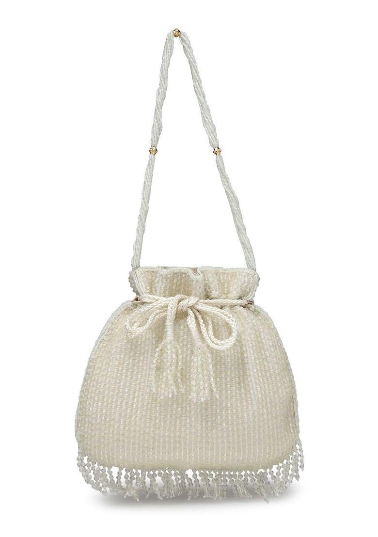 Dangle White And Silver Striped Embellished Faux Silk Potli